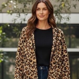 Talbots Petite Leopard Print Wool Knit Blazer Cardigan Jacket Women Sz Lg Petite
